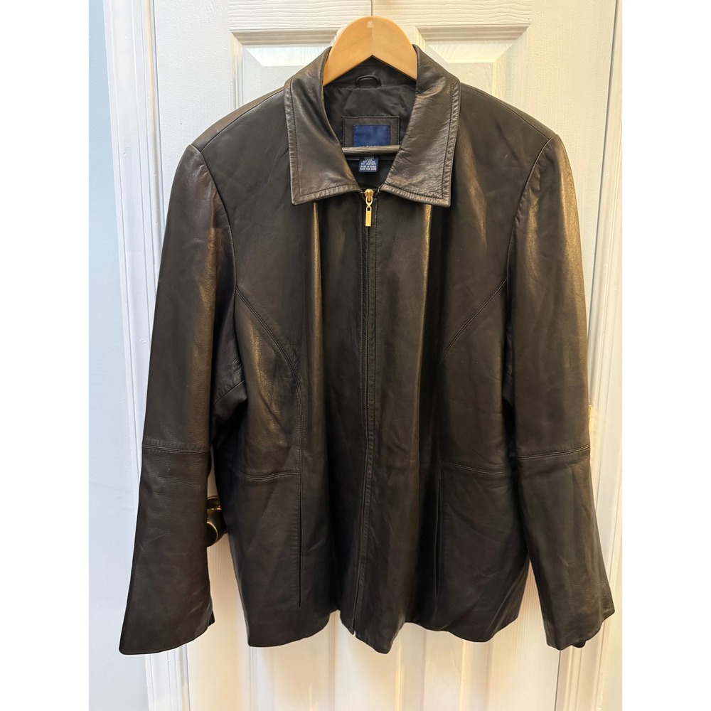 Venezia Black Genuine Leather Zip Up Jacket Women Size 26/28 Plus Size Classic